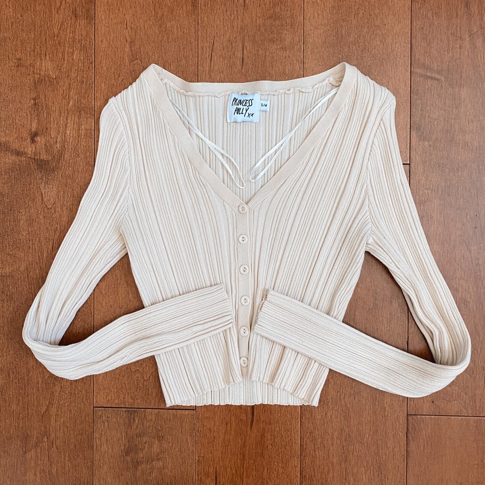 Princess Polly Cropped Ribbed Knit Button Down Cardigan in Cream Size US S/M 🥯